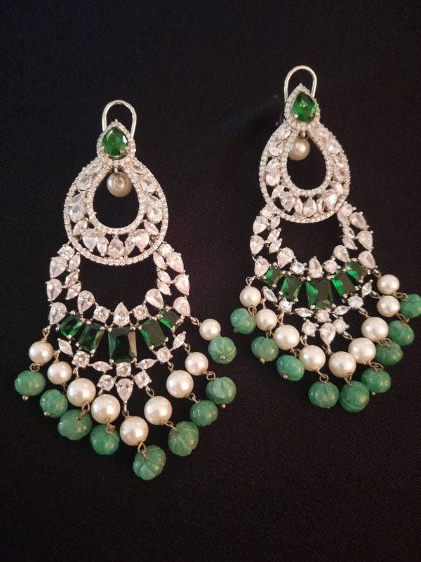 CHANDELIER EARRINGS WITH SEMI PRECIOUS EMERALDS & PEARLS - Image 2