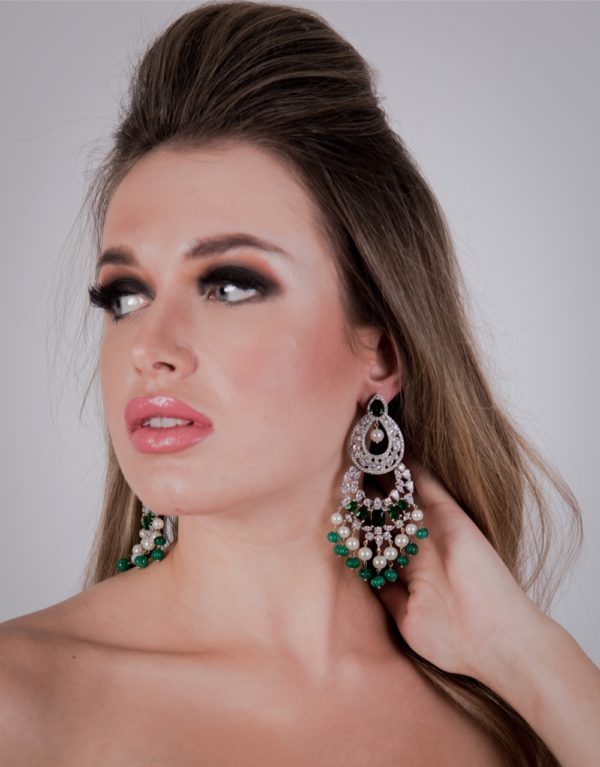 CHANDELIER EARRINGS WITH SEMI PRECIOUS EMERALDS & PEARLS